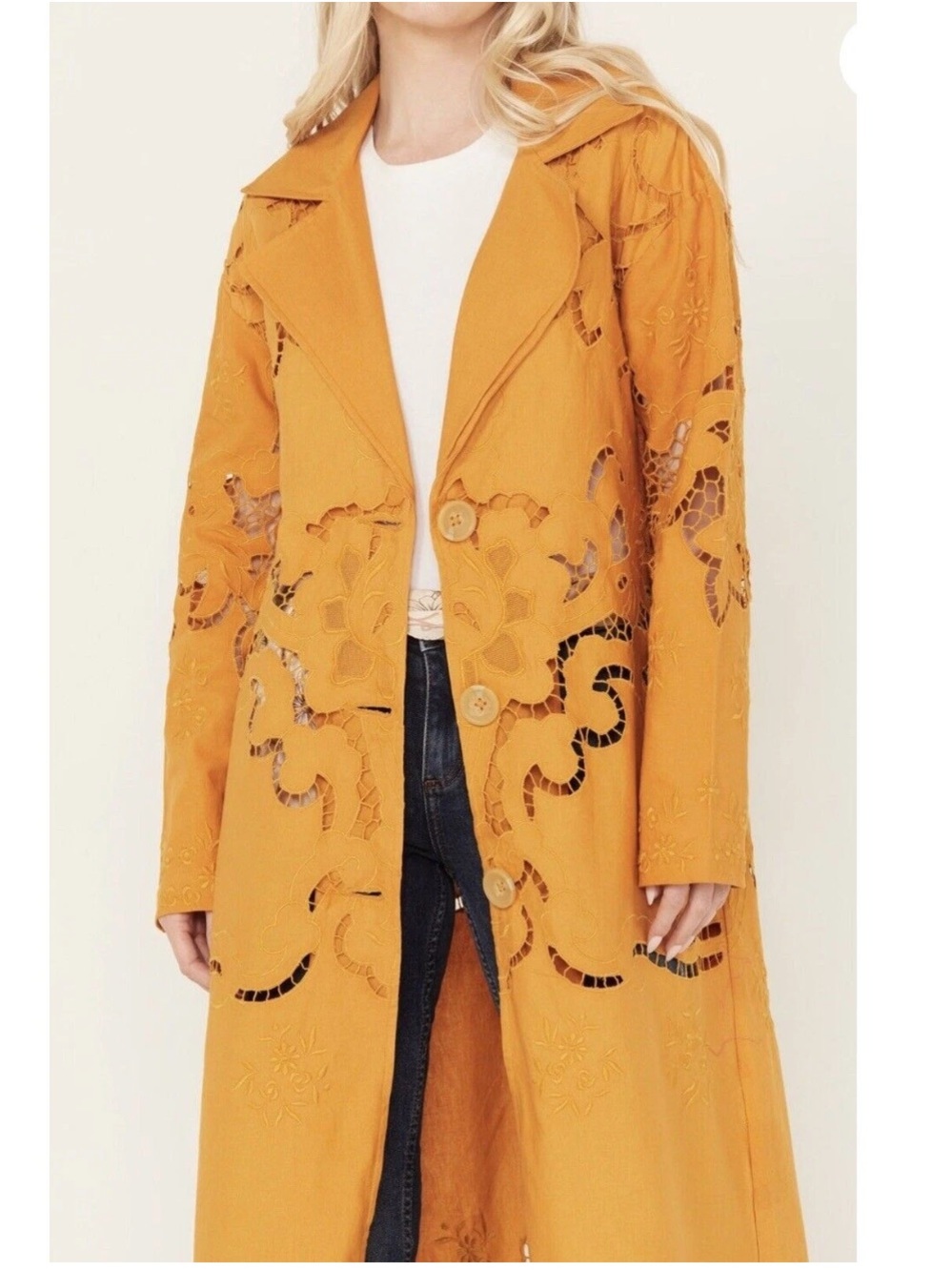 Free People Susanna Cutwork Lace Duster Coat Mustard Cotton Linen NWOT Size M